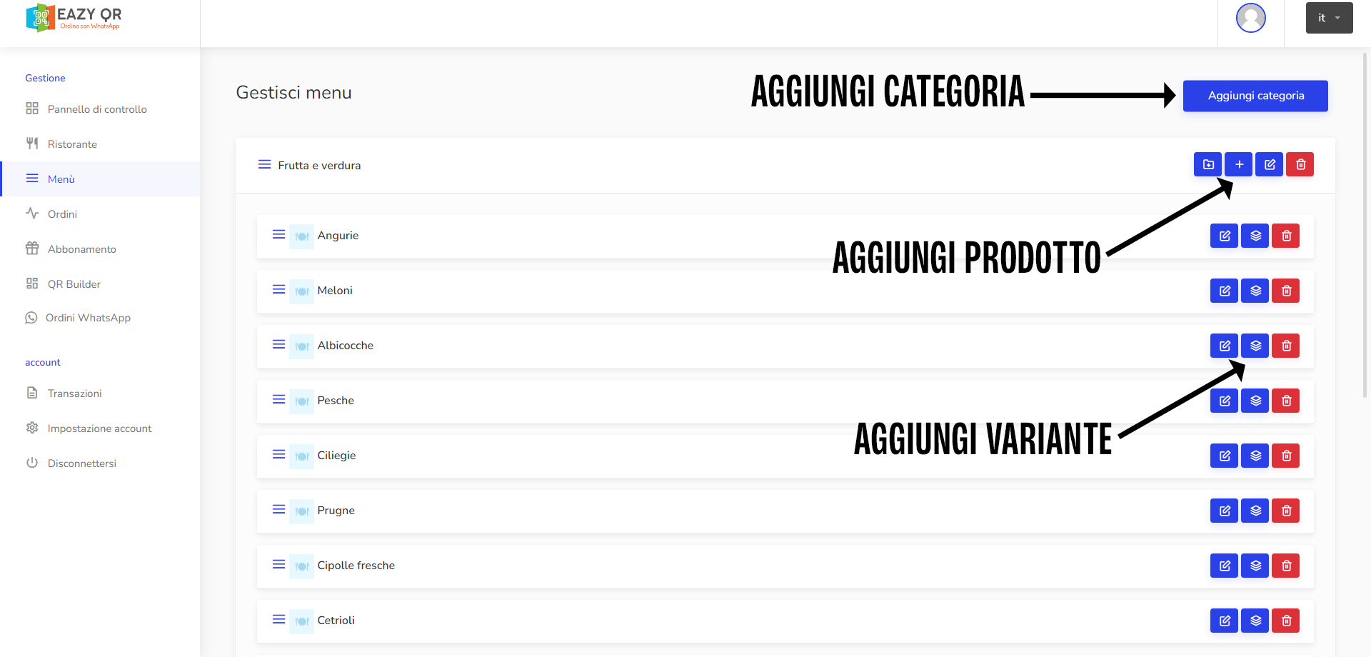 screenshhot pagina web - menù categorie prodotti