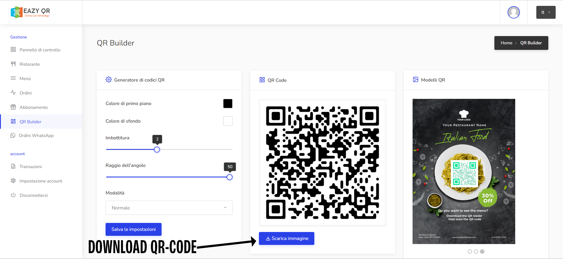 screenshoot pagina web generazione qr-code
